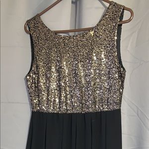 High low formal dress with gold sequins